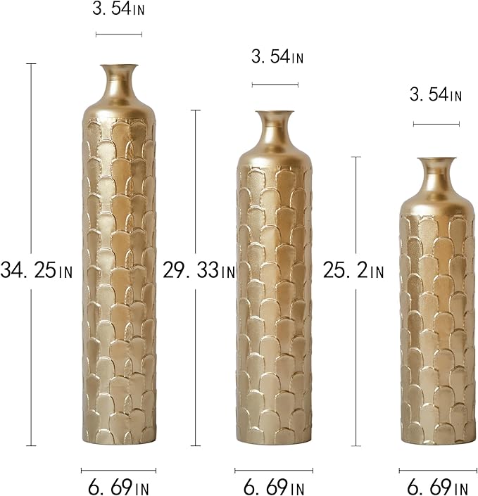 Floor Vases, Tall Home Decor Metal Vase Set of 3 Large Glazed Decorative Vases for Wedding Decor, Elegant Modern Flower Holder for Living Room, Entryway, Hallway, Dining Room