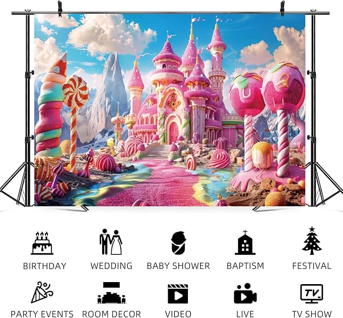 6x4ft Pink Fantasy Castle Backdrop Candy Land Sweet Candy House Photography Background Baby Shower Sweet Girl Princess Birthday Banner Decorations Kids Artistic Portrait Photo Booth Prop