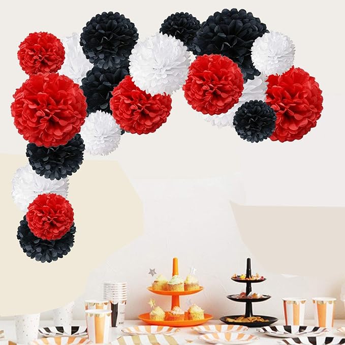 Tissue Paper Pom Poms, Recosis Paper Flower Ball for Birthday Party Wedding Baby Shower Bridal Shower Festival Decorations, 18 Pcs - Red Black White
