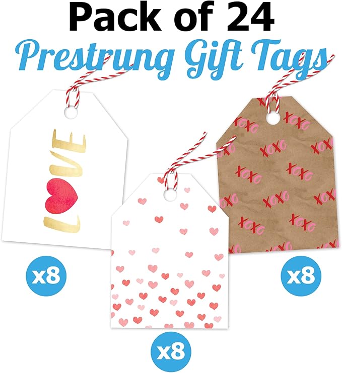 Pro Supply Global 24 Count of 2.5 Inch x 3 Inch Pre Strung Valentine's Day Fading Hearts Gift Tag Assorted Printed Designs on Large Cardstock Gift Hang Tags - Ideal to Use on Bags