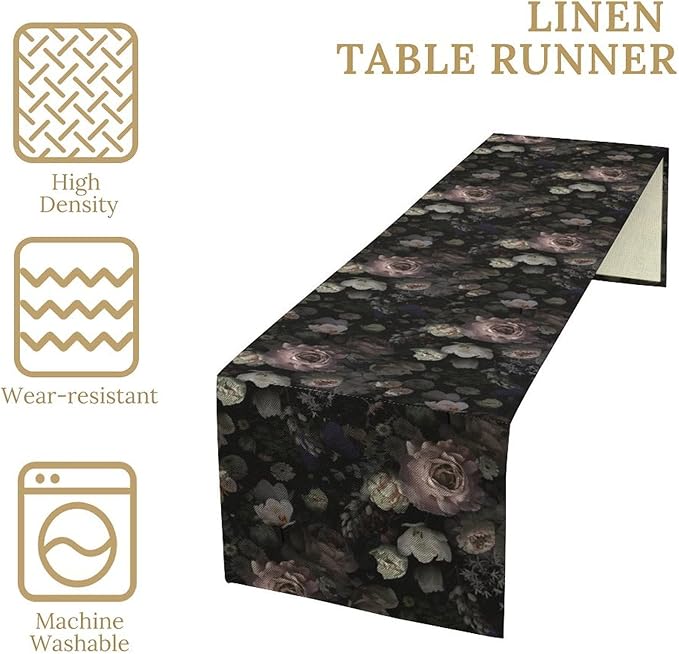 Gothic Floral Table Runner,Vintage Black Pink Rose Print Table Runner for Home Kitchen Table Dining Indoor Outdoor Party Decor 13x36 Inch