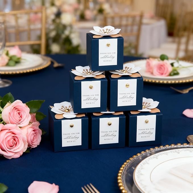 FEIYI 20 PCS Candy Boxes, 3 In 1 Navy Blue Favor Boxes with Floral Decor, White Thank You Tags Gift wrapping for Wedding Birthday Baby Shower Decorations Party -2.55x2.55x2.55''