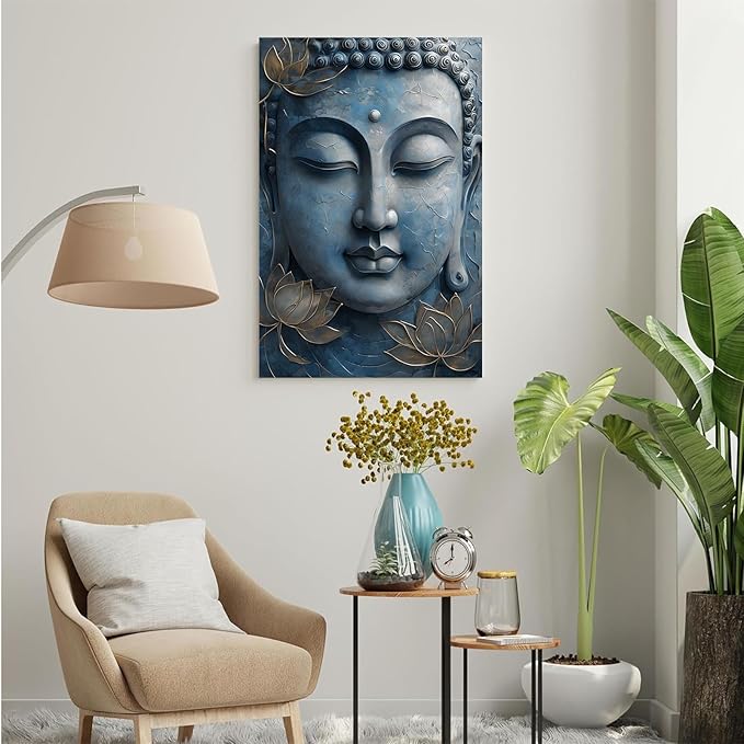 Canvas wall art Golden lotus crown Serene Buddha poster Ethereal blue toned art with delicate floral decor Zen wall art for a tranquil meditation space 8x12in Wood Framed