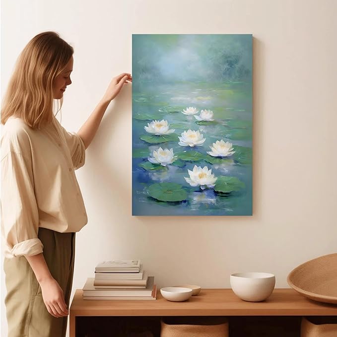 Zen wall art Delicate white lotus flower floating on calm water Vintage oil painting print Serene aquatic wall art creates a tranquil home decor 16x24in Wood Framed