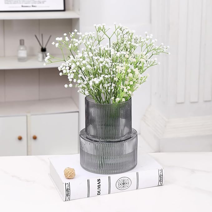 Black Glass Vase, Ribbed Glass Vase for Tulips, Flower Vases for Bouquet, Black Modern Vases for Living Room, Dining Table, Entryway, Mantle, Shelf, Wedding, Office, 7.5 Inches