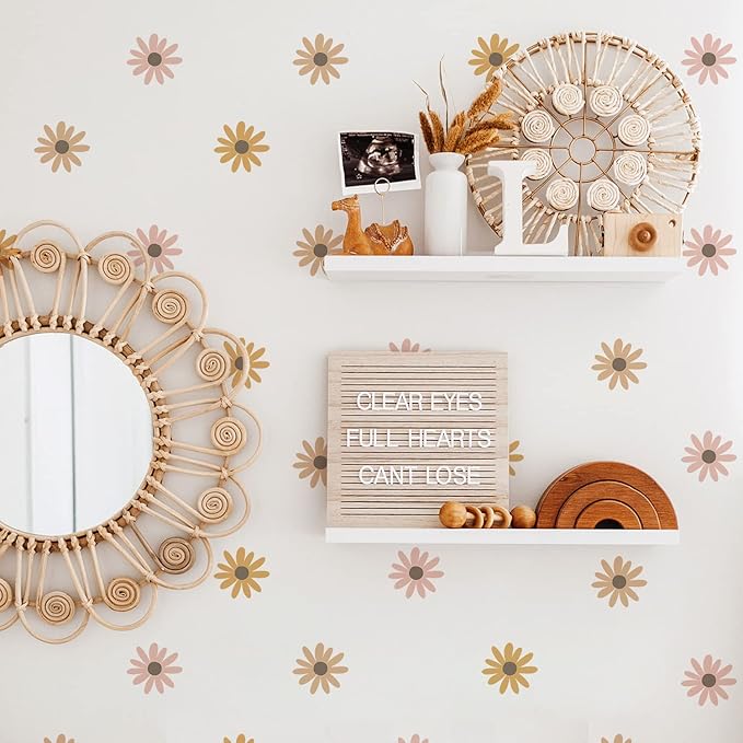 Daisy Wall Decals Boho Flower Wall Stickers 72 PCS for Girls Room Playroom Nursery, Removable Daisy Wall Decal Boho Peel and Stick Kids Room Decor Vinyl Murals DIY Decorations (12 Sheets)