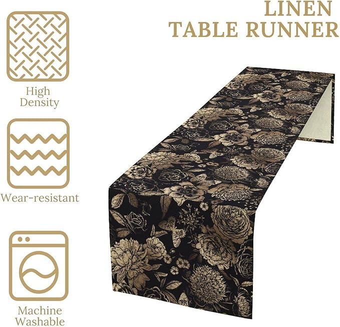 Gold Black Floral Table Runner, Vintage Peony Flower Blossom Butterfly Rustic Plant Leaves Gothic Dark Floral Table Runner for Farmhouse Cottage Kitchen Dining Table Decor, 13x108inch