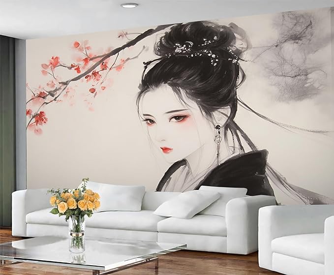 Asian Woman Wall Mural, Oriental Japanese Woman 3D Wall Murals, Ink Style Art Wallpaper Mural, for Living Room Bedroom Large Wallpaper Indoor Decor 169.3" W x118.2 H