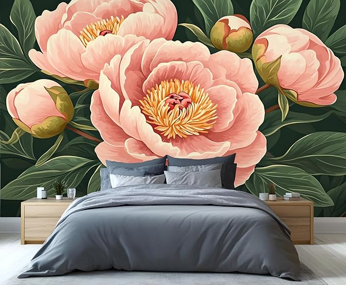 KIREUPA Peony Flower Wall Mural, Retro Pink Peony Flower 3d Wall Murals, Romantic Garden Theme Wallpaper Mural, for Living Room Bedroom Large Wallpaper Indoor Decor 59" W x39.4 H