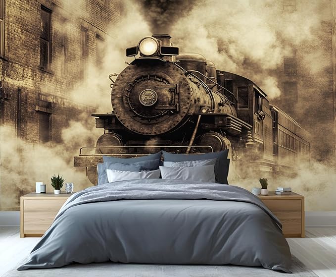 Vintage Steam Train Wall Mural, Industrial Train Engine 3D Wall Murals, Retro Railway Steam Engine Wallpaper Mural, for Living Room Bedroom Large Wallpaper Indoor Decor 137.8" W x100 H