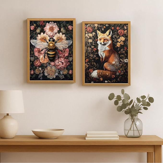 LLEEMPI William Morris Wall Art, Vintage Bee Floral Wall Decor, Insect Flower Canvas Painting, Abstract Nature Botanical Poster Print for Living Room Bedroom Kid Room Hallway Wood Framed 12x16 inch