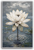 Stunning white lotus emerges from prismatic water with delicate petals background Serene aquatic wall art suitable for modern minimalist decor 12x18in Frameless