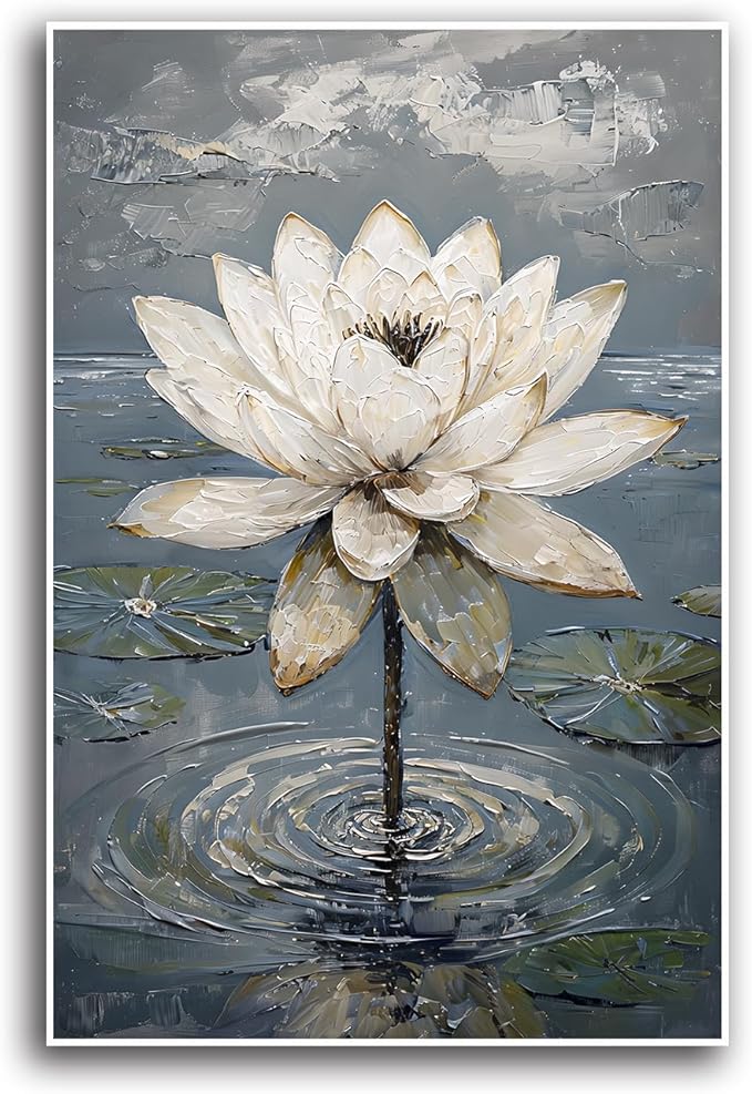 Stunning white lotus emerges from prismatic water with delicate petals background Serene aquatic wall art suitable for modern minimalist decor 32x48in Frameless