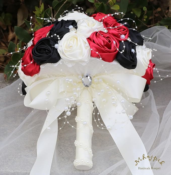Bridal Wedding Bouquet Round Bling Brooch Bouquet Throw Toss Artificial Rose Flower Bunch for Bride Bridesmaid Wedding Quinceanera(Ruby Red, Black & Ivory, 6.3")