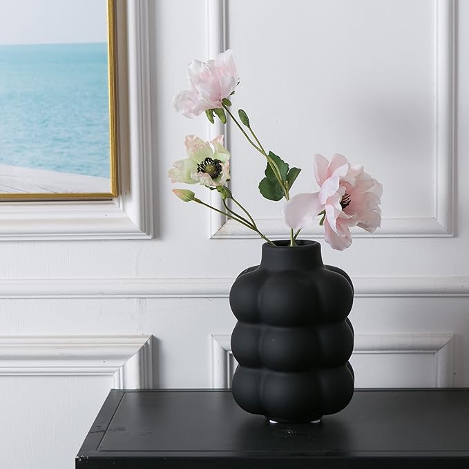Black Ceramic Vase - Small Spherical Flower Vase for Centerpiece, Three Floors Design for Modern Home Decor, Boho Decorative Vase - 6.7" Tall