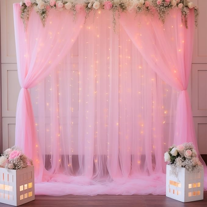 10ft x 8ft Pink Backdrop Curtain with Lights String for Parties, Sheer Tulle Wedding Photo Backdrops Drapes for Baby Shower Birthday Party Decorations Background for Photography