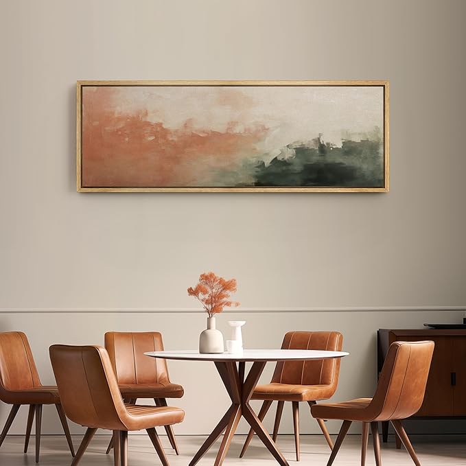 SIGNFORD Large Framed Canvas Print Wall Art Blush and Green Abstract Brushstroke Illustrations Modern Art Relax/Calm Warm for Living Room, Bedroom, Office - 60"x20"