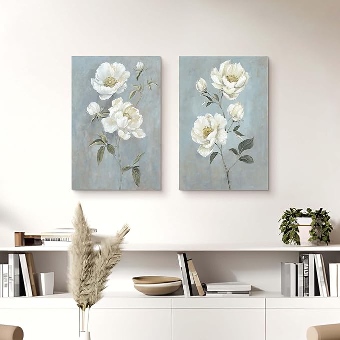 Color Play Flower Canvas Abstract Wall Art: 2 Pieces White Floral Prints Artwork Vintage Peony Bouquet Botanical Painting Picture for Bedroom Living Room Bathroom Home Office