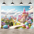 12x8ft Candyland Backdrop Fantasy Candy Castle Photography Background Sweet Lollipop Dream Blue Sky White Cloud Kids Birthday Banner Decorations Baby Shower Newborn Portrait Photo Booth Prop