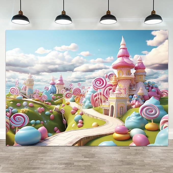 12x8ft Candyland Backdrop Fantasy Candy Castle Photography Background Sweet Lollipop Dream Blue Sky White Cloud Kids Birthday Banner Decorations Baby Shower Newborn Portrait Photo Booth Prop