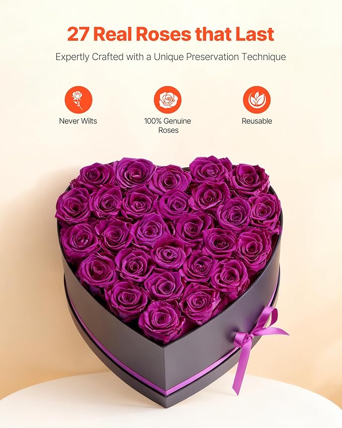 VEVOR Forever Flowers, 27 Preserved Roses in Heart Shape Box, Eternal Flowers Immortal Bouquet Birthday Present for Women Her Wife Mothers, Anniversary, Valentine's Day,Christmas, Purple