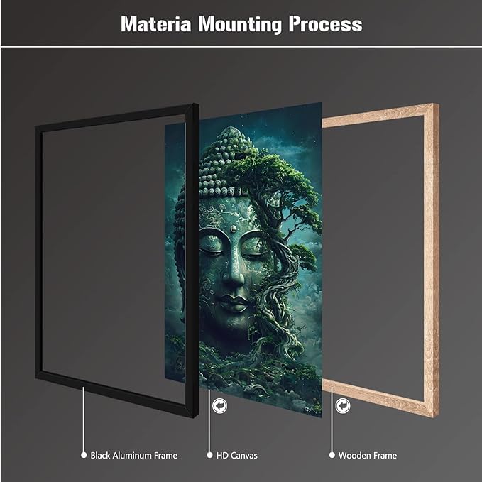 Buddha statue wall art canvas wall decor aesthetic picture mystical nature art for tranquil home and spiritual space 24x36in Metal blackFramed