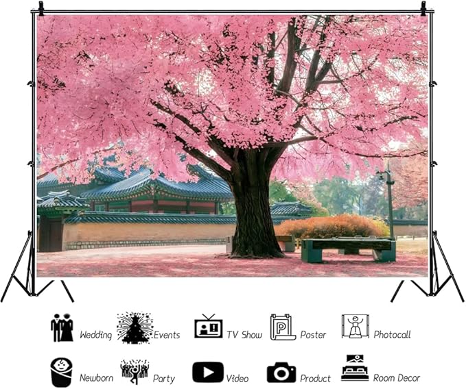 Renaiss 7x5ft Pink Cherry Blossom Backdrop Polyester Fabric Japan Cherry Floral Tree Landscape Palace Asian Themed Party Photography Background Wedding Birthday Party Decor Photo Booth Props