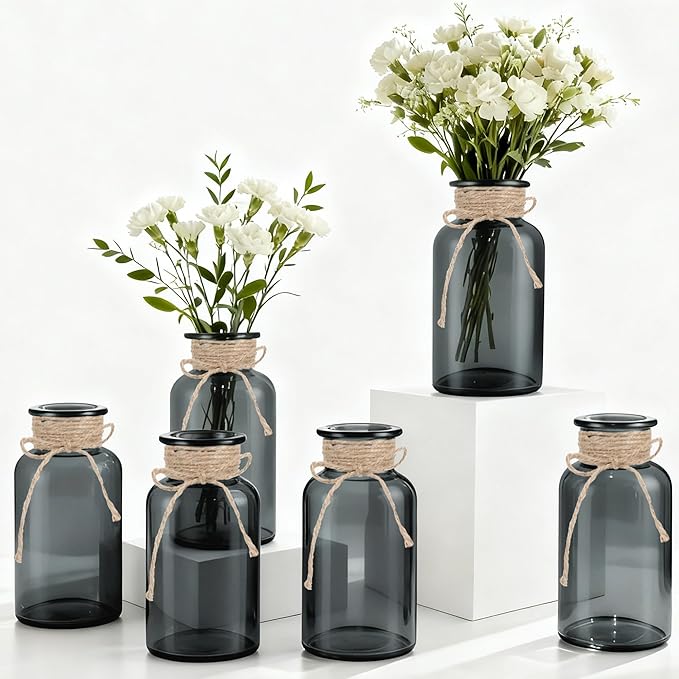 Vintage Glass Flower Vase，6 Pack Farmhouse Black Glass Centerpiece Vases Mason Jars for Halloween Weddings, Parties & Home Decor Bulk (6, Black)