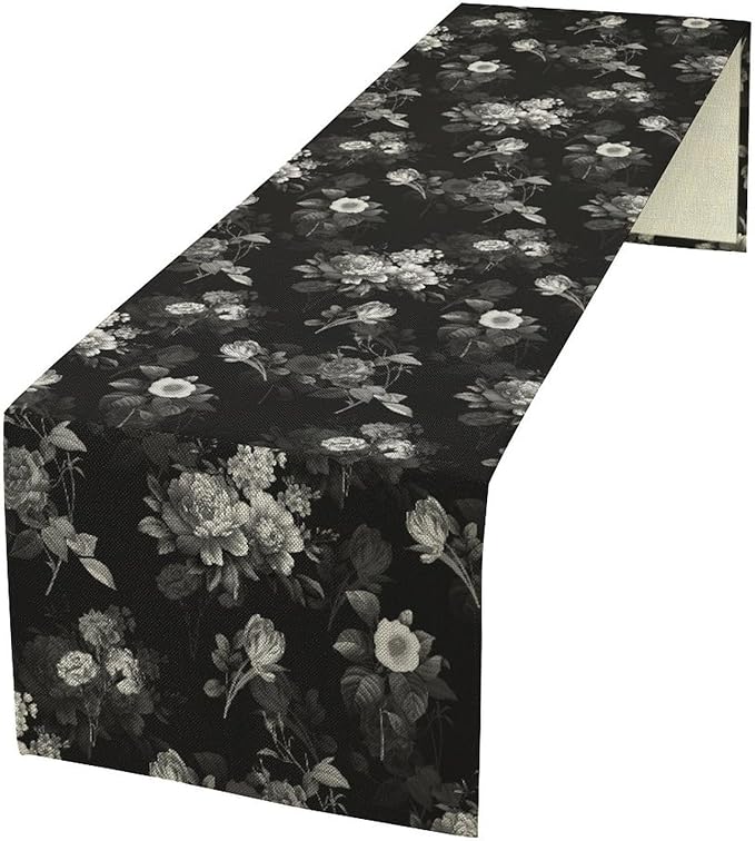Vintage Botanical Table Runner, Abstract Watercolor Black White Gothic Flower Leaves Plants Print Table Runner for Seasonal Home Decoration Indoor Outdoor Party Decor, 13x108inch