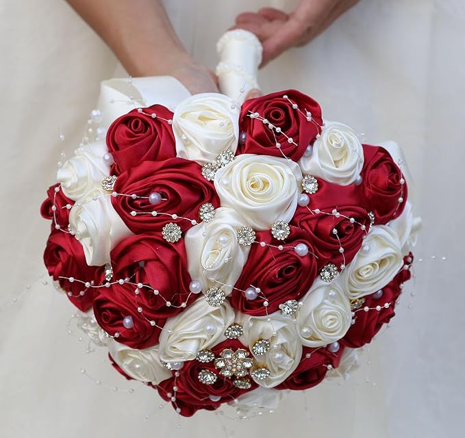 Bridal Wedding Bouquet Round Bling Brooch Bouquet Throw Toss Artificial Rose Flower Bunch for Bride Bridesmaid Wedding Quinceanera(Ruby Red & Ivory, 6.3")