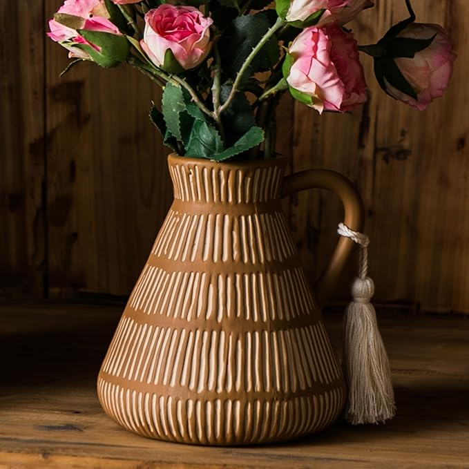 Rustic Farmhouse Vase with Handle and Tassel, Vertical Stripes Terracotta Pottery - Vintage Ceramic Clay for Home Décor, Shelf, Table, Bookshelf, Mantle, Entryway