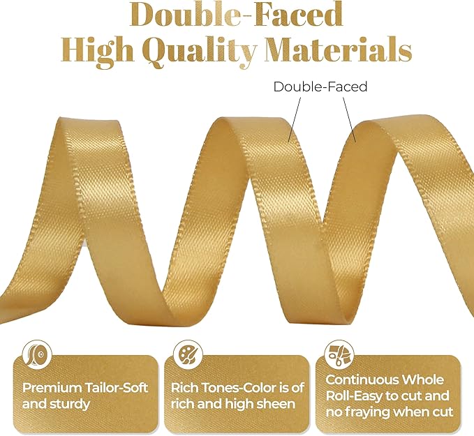 Light Gold Satin Ribbon, Double Faced 3/8 Inch X 50 Yards Light Gold Ribbon, Premium Satin Ribbon for Gift Wrapping, Crafts, Hair Bow Making, Sewing, Flower Bouquet, Wedding Party Decor