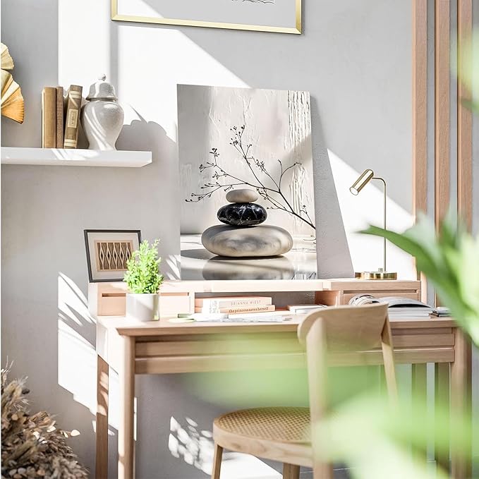 Gray and black stone pile and dried flowers poster canvas wall art in harmony Minimalist wall art for tranquil homes and mindful spaces 28x40in Wood Framed