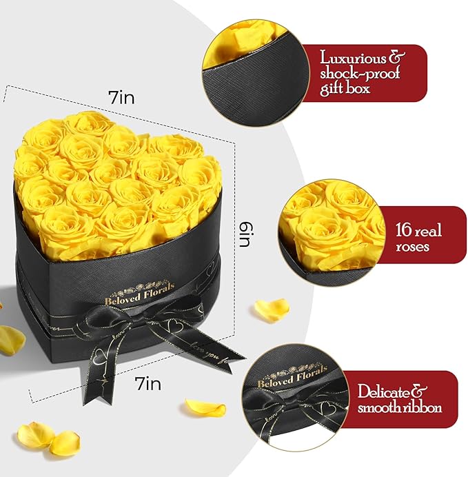 16 Preserved Flowers Rose Birthday Gifts for Women Her Mom Wife Girlfriend Grandma on Valentines Mothers Day Christmas Anniversary Romantic(Yellow)