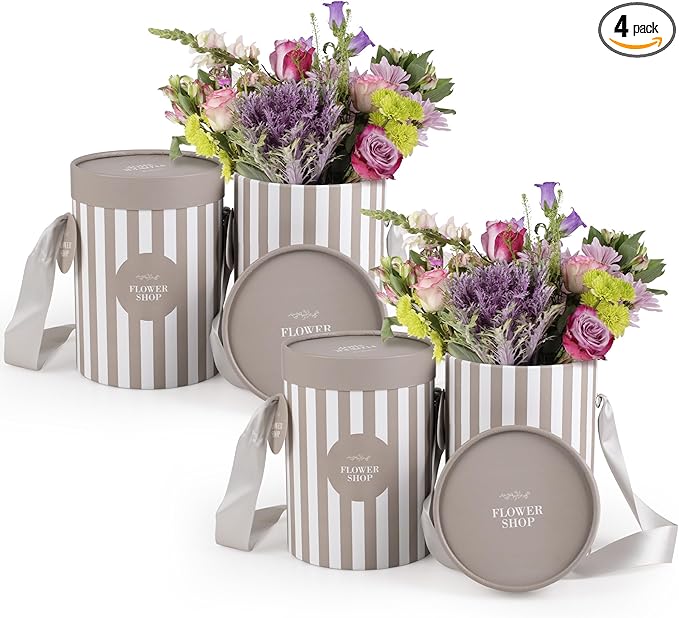 Striped Flower Hat Box 4 Pack | Round Flower Boxes for Arrangements | Satin Ribbon Handle & Waterproof Liner | Gift Box for Flowers with Lids