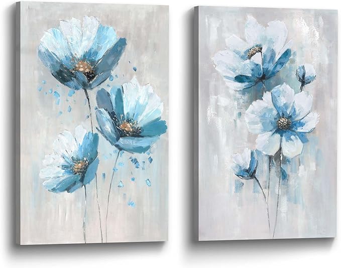 Flower Picture Canvas Wall Art: 2 Pieces Teal Floral Abstract Prints Artwork Vintage Turquoise Bouquet Botanical Painting for Bedroom Living Room Bathroom Home Office