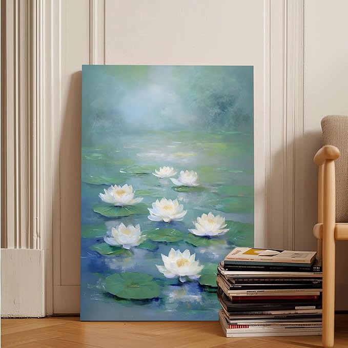 Zen wall art Delicate white lotus flower floating on calm water Vintage oil painting print Serene aquatic wall art creates a tranquil home decor 12x18in Frameless