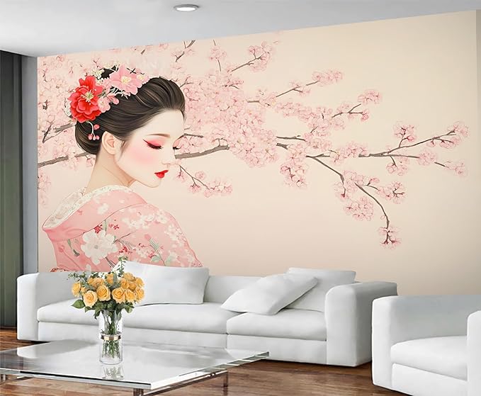 Japanese Cherry Blossom Wall Mural, Kimono Woman Geisha 3D Wall Murals, Oriental Beauty Wallpaper Mural, for Living Room Bedroom Large Wallpaper Indoor Decor 177.16" W x120 H
