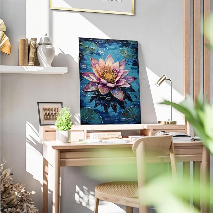 Gorgeous pink and purple water lilies on deep blue water Eye-catching oil painting Serene aquatic wall art for modern home decor 8x12in Frameless