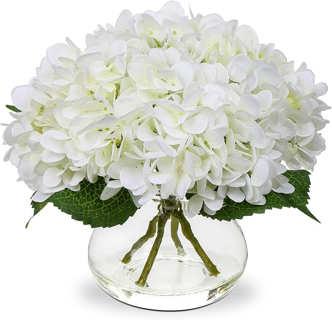 Hollyone Hydrangea Artificial Flowers with Vase White Silk Fake Flowers Arrangements in Glass Vase with Faux Water for Home Bathroom Office Table Centerpiece Shelf Decorations