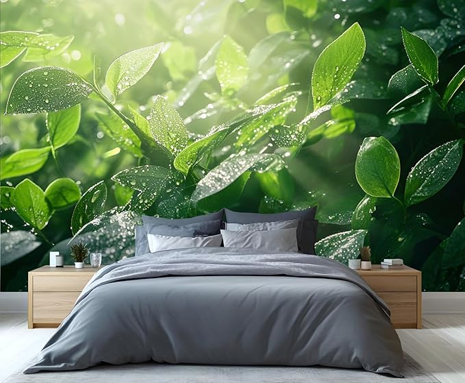 Dewdrops Green Leaf Wall Mural, Botanical Forest Sunlight 3D Wall Murals, Refreshing Nature Wallpaper Mural, for Living Room Bedroom Large Wallpaper Indoor Decor 59" W x39.4 H