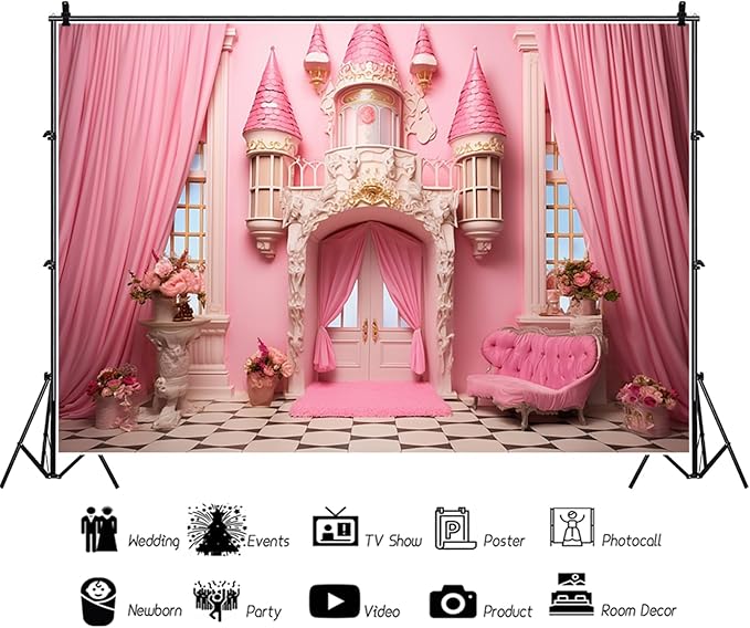 10x6.5ft Pink Princess Castle Backdrop Curtain Window Door Room Interior Background for Photography Sofa Flowers Vases Banner Decorations Girl Kids Birthday Baby Shower Party Photo Booth Props
