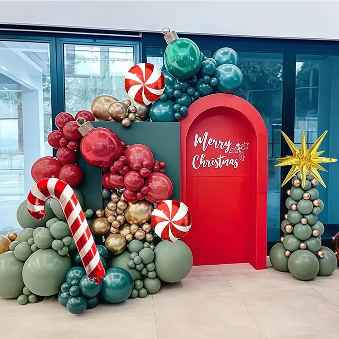 Christmas Balloons Garland Arch Kit, Red Dark Green Gold Metallic Balloons Candy Cane Star Foil Mylar Balloons for Winter Xmas Merry Christmas Baby Shower Ugly Sweater Birthday Party Decorations