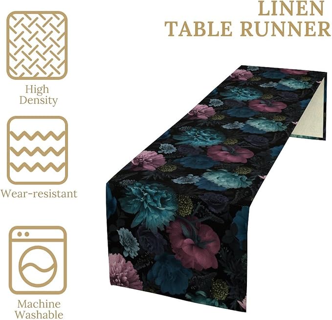 Blue Pink Flowers Table Runner, Boho Rose Flower Blossom Rustic Vintage Garden Peonies Spring Table Runner for Home Kitchen Dining Table Indoor Outdoor Party, 13x36inch