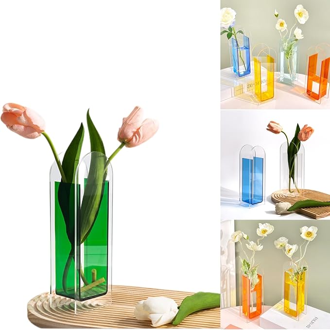 Acrylic Vase for Home Decor, Semi-Transparent Pine Green Arch Vase, Acrylic Flower Vase for Fresh or Dried Bouquets, Modern Centerpiece for Living Room or Dining Table (Green)