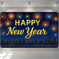 Happy New Year Banner 71x43 Inch Fireworks Skyline Party Wall Decoration New Year Photo Backdrop for Indoor Celebration Countdown Event Holiday Party Background Display
