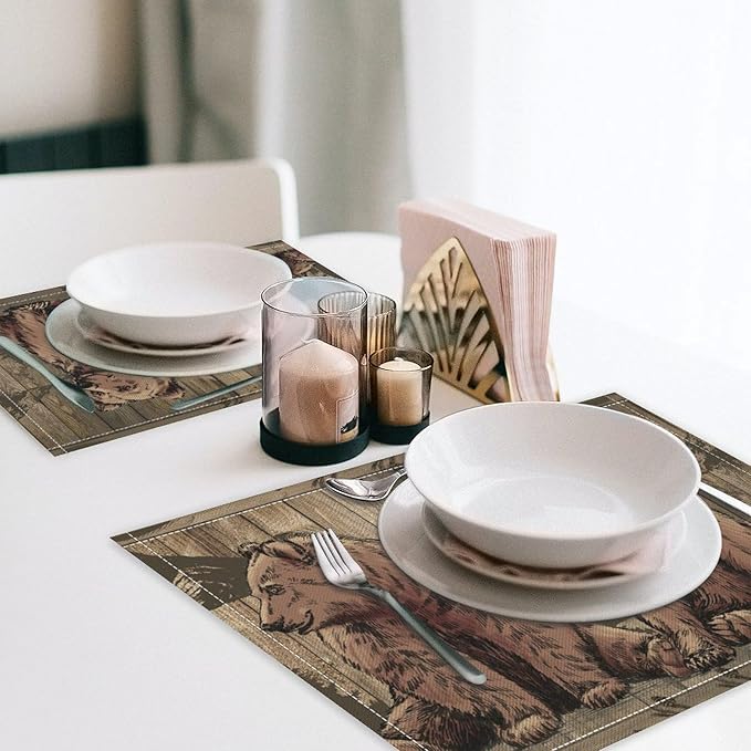 Rustic Lodge Bears Placemats Set of 6, Vintage Cabin Pine Tree Wooden Board Place Mats, Heat Resistant Non Slip Cotton Linen Dining Table Mats for Home Party Kitchen 18x12 Inch