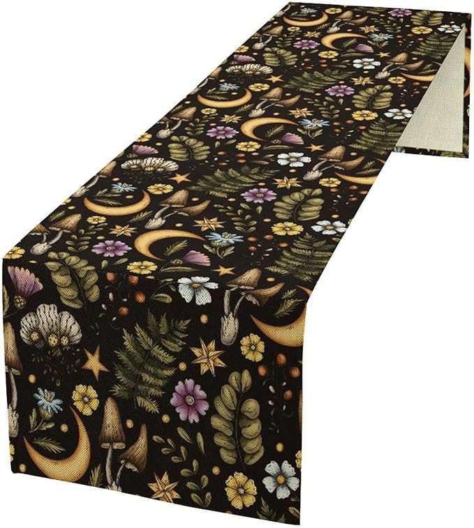 Vintage Mushroom Table Runner, Rustic Botanical Flowers Fern Moon Star Print Table Runner for Home Kitchen Dining Table Decoration Indoor Outdoor Party, 13x108inch