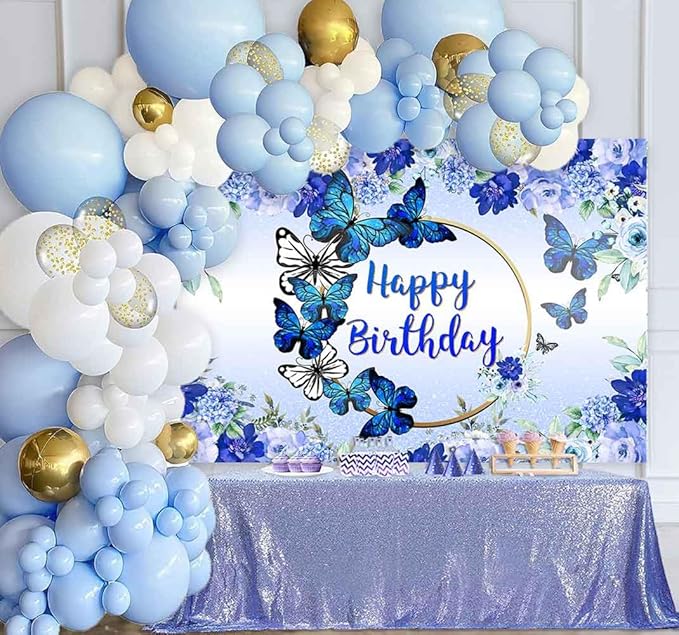 Butterfly Happy Birthday Backdrop Royal Blue Floral Bday Decorations Photography Background Women Blue Flowers Birthday Wishes Party Banner Supplies Photo Booth 10x7ft