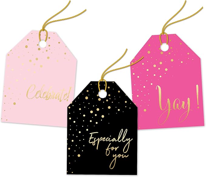 Pro Supply Global 24 Count of 2.5 Inch x 3 Inch Pre Strung Gold Confetti Gift Tag Assorted Printed Designs on Large Cardstock Gift Hang Tags - Ideal to Use on Bags